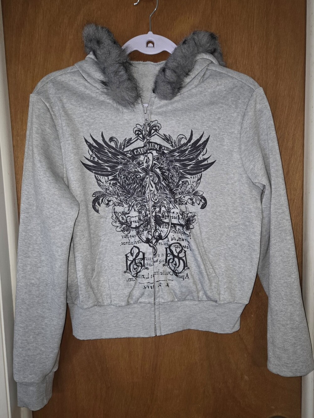 Y2K Grey Faux Fur Trim Graphic Zip-Up Hoodie - Size S